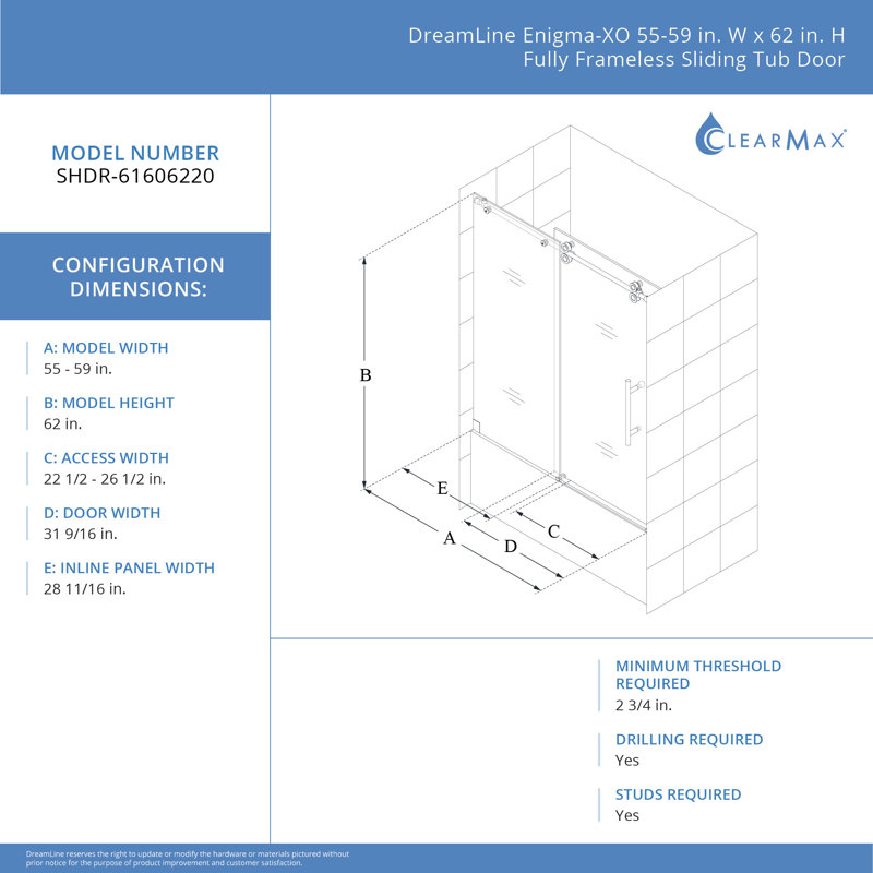 Enigma-XO 55" W x 62" H Single Sliding Frameless Shower Door with Clear Max Technology, Brushed Stainless Steel