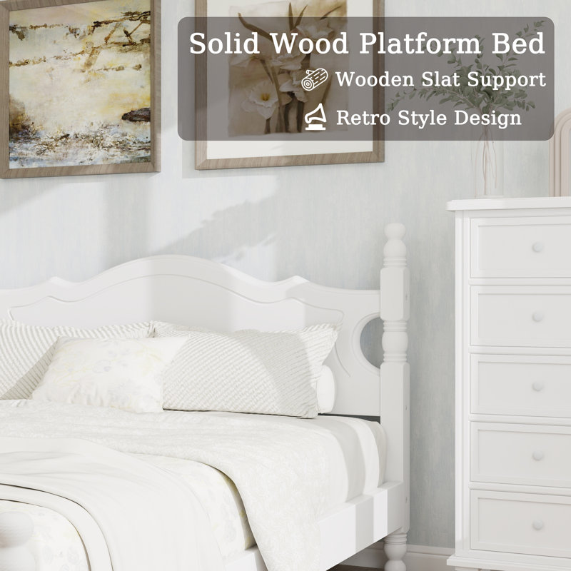 Wood Platform Bed Frame,Retro Style Platform Bed with Wooden Slat Support, White, Queen