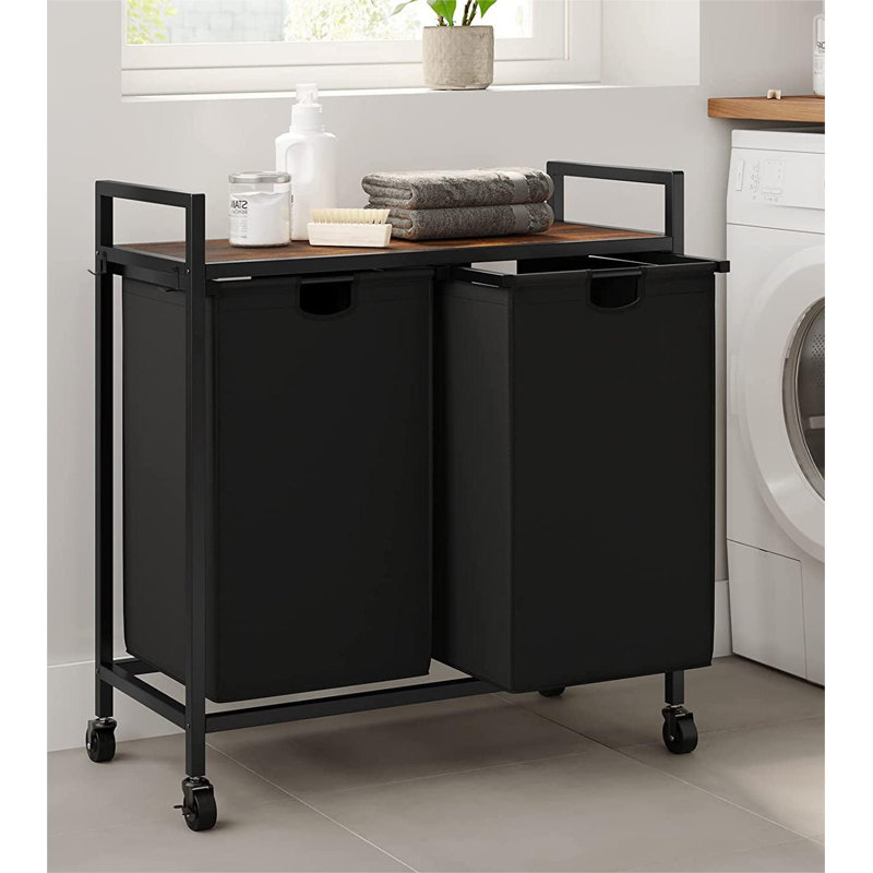 Trieur de linge à roulettes en métal / tissu avec poignées, Noir / blanc