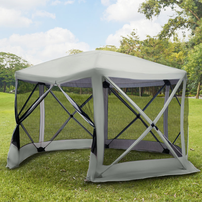 6-Sided Hexagon Pop Up Party Tent Gazebo With Mesh Netting Walls & Shaded Interior, 12' X 12', Beige, Beige