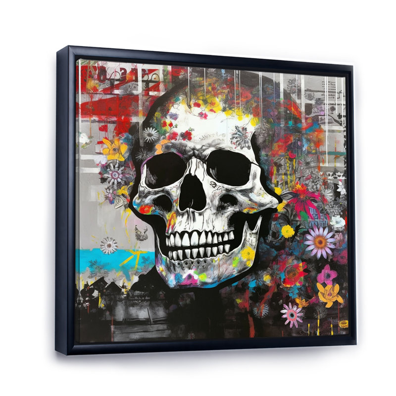 «Graffitied Skull I» sur toile, Cadre flottant noir, H 16 po x l 16 po x P 1 po