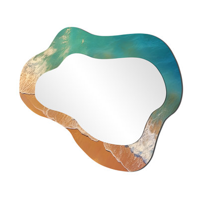Vue aérienne de la vague tropicale turquoise Breaking I - miroir mural de forme unique de plage, miroir décoratif bleu de forme libre, impression d'art en métal