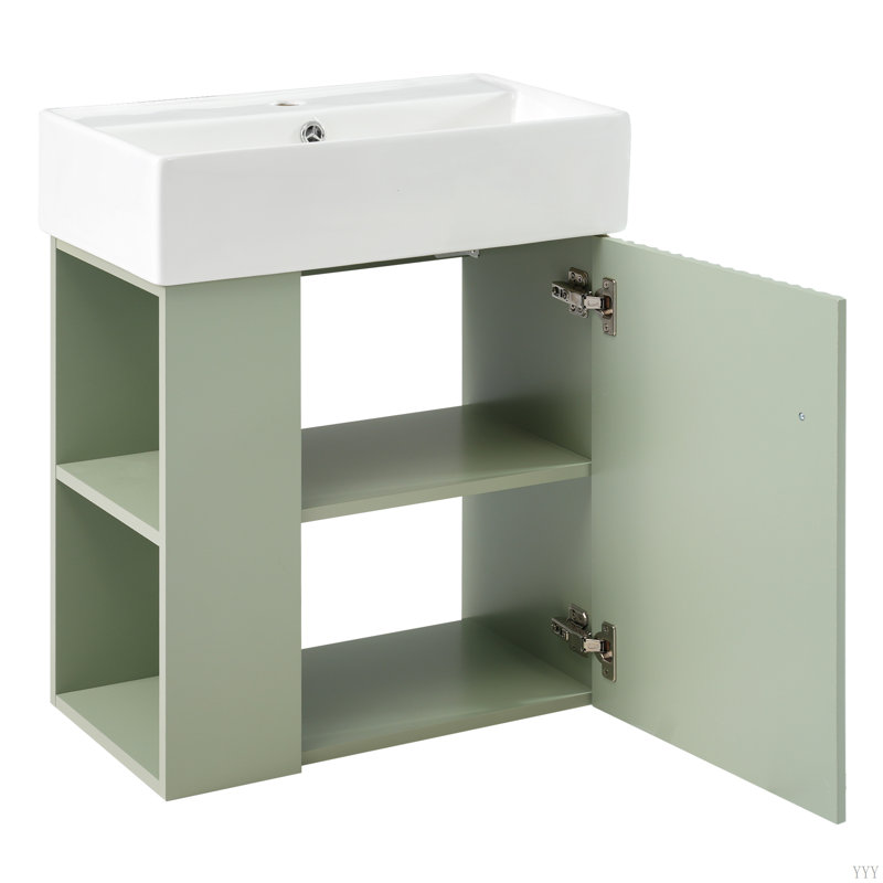 Floating Bathroom Vaniy With Ceramic Basin And Left Side Storage, Accent Cabinet, Green