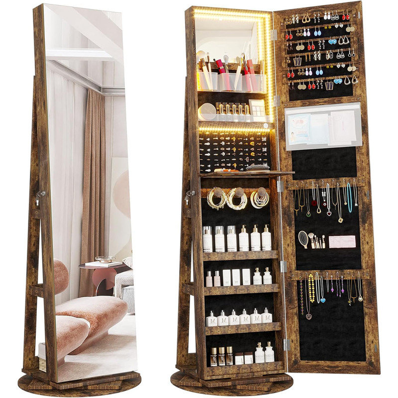 LED Light Jewellery Cabinet with Full Length Mirror 360° Swivel, Lockable Free Standing Mirror with Jewellery Storage, Inside Makeup Mirror, Rustic Brown