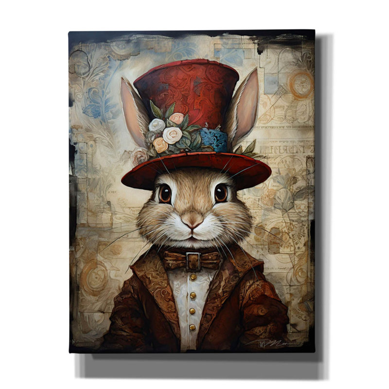 Mignon lapin avec un chapeau rouge de style baroque, 2 pi par Momart, 40 po x 54 po, H 34 po x l 26 po x P 1,5 po