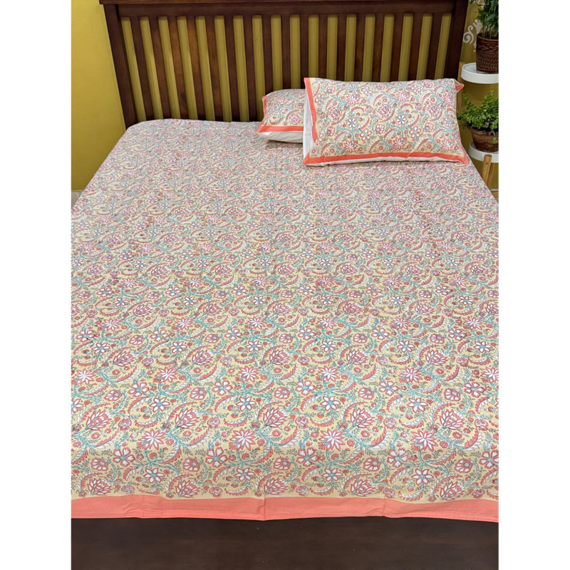 Elegant Floral Block Print Cotton Bedsheet Set With Pillowcases