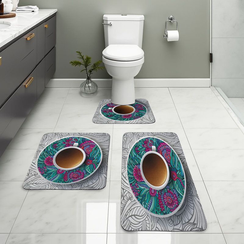  Coffee Bathroom Rug Set 3 Pieces U-Shape & Rectangle Mats Multicolor