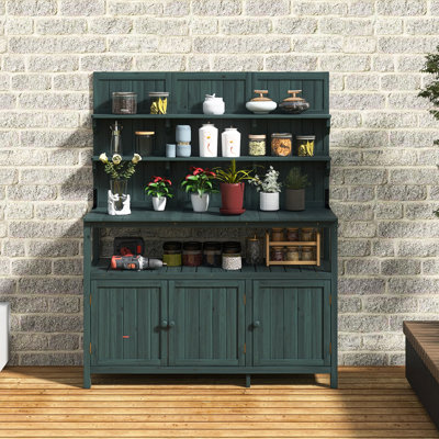 50.2" Solid Fir Wood Garden Workstation In Forest Green | Potting Bench With Hutch  | Large Countertop | 2 Shelves, 2 Cabinets, 3 Side Hooks | Outdoor Planting Table For Gardening