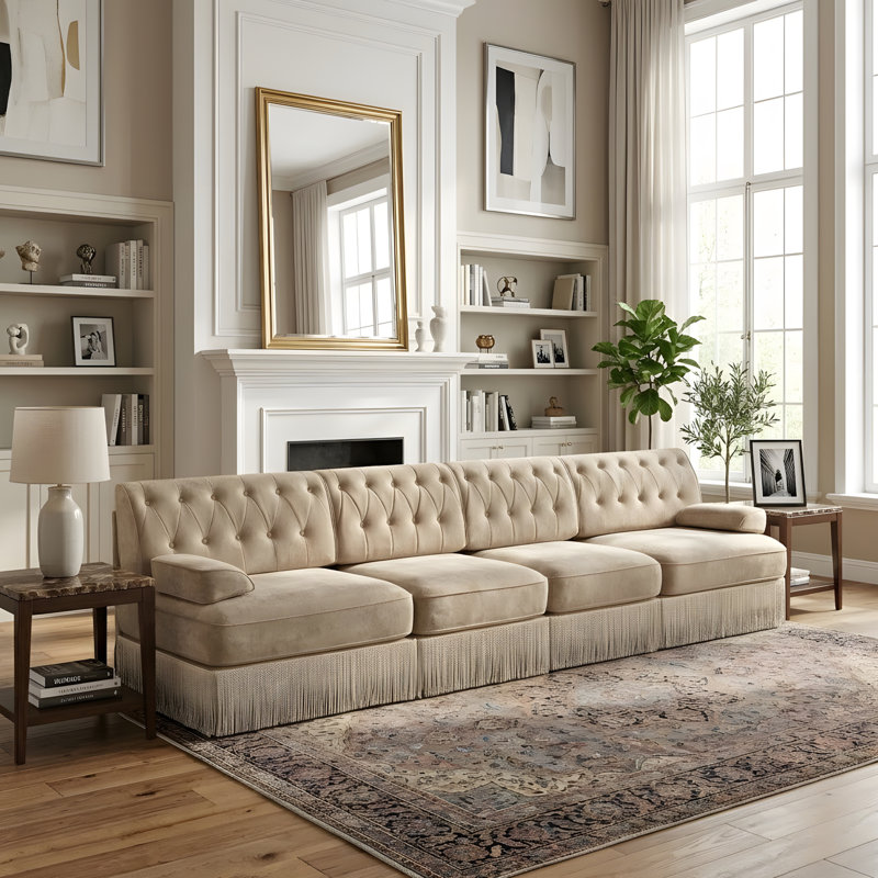 Canapé de style Chesterfield, H 34,18 po x l 135,58 po x P 33,78 po, Chameau