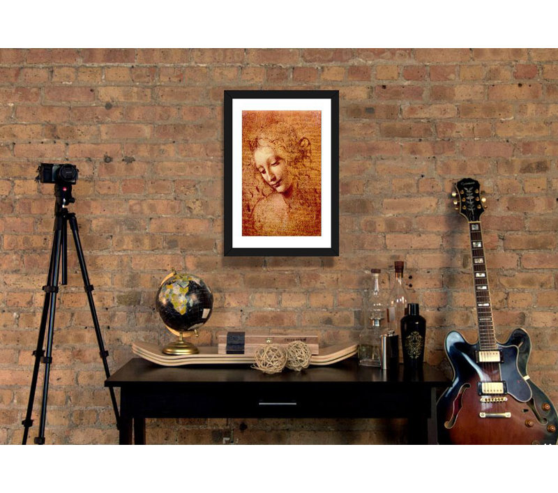 Tête de femme par Leonardo da Vinci - reproduction, H 24 po x l 16 po x P 1 po, Papier encadré noir