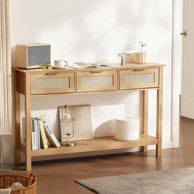 Bay Isle Home™ Rattan Console Table with 3 Storage Drawers Rattan Sliding Door