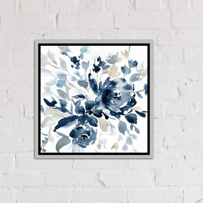 « indigo jardin i » par carol robinson, reproduction d’art, H 37 po x l 37 po x P 1,5 po, Toile avec cadre argenté