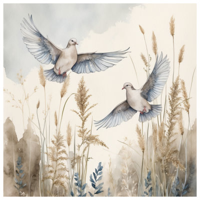 Doves Flying Over Grass Wall Tapestry - Doves Wall Decor