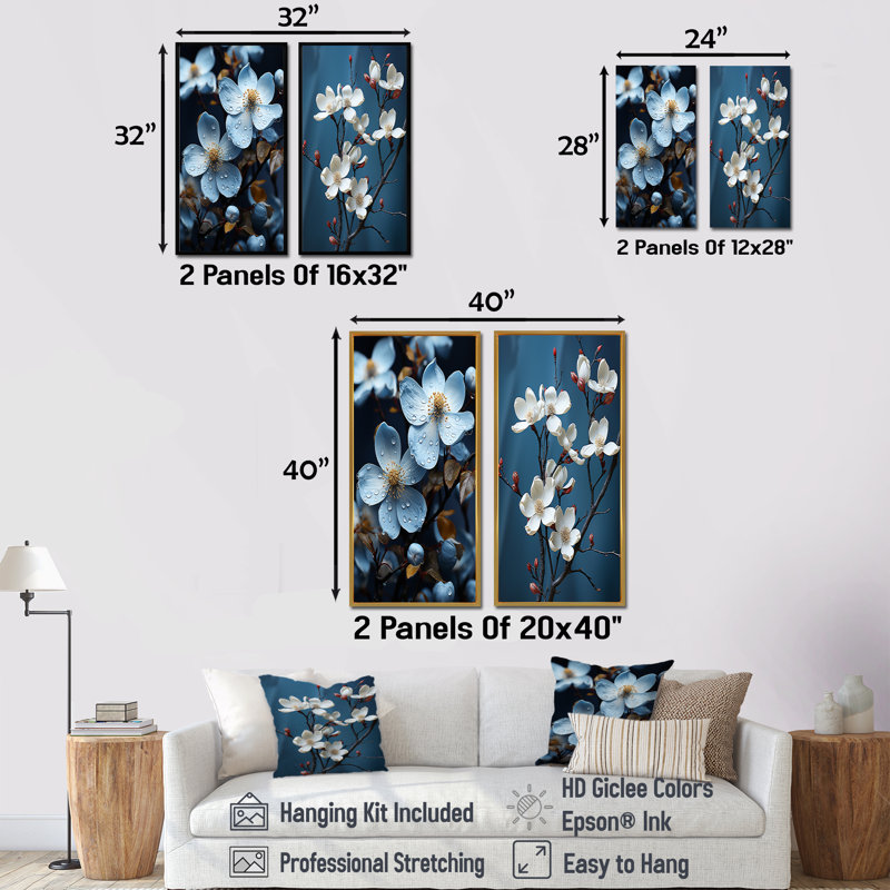 Fleurs de cornouiller dans des tons de gris - ensemble de 2 impressions sur toile de cornouiller, H 28 po x l 25 po