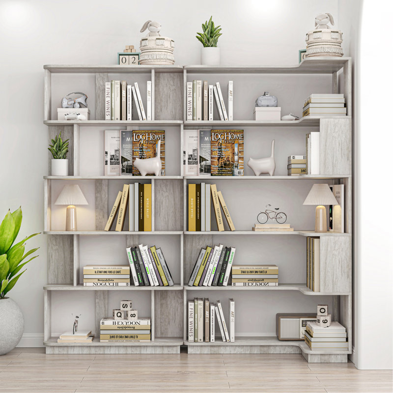 Bibliothèque d'angle compacte de 90 cm + bibliothèque libre extensible de 80 cm, ensemble de 2 présentoirs, Gris clair