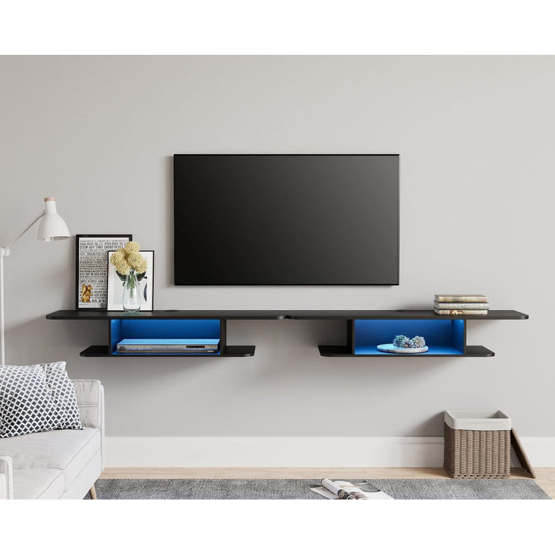 Meuble télé flottant pour téléviseur de 85 po ou moins Chadae, Lumières noires / bleues