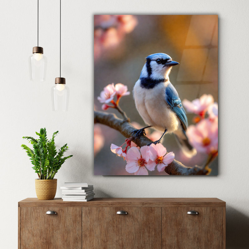 Art mural en verre trempé Blue Jay Bird, H 20 po x l 16 po