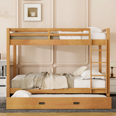 Queen Bunk Bed In Wood Color With And Trundle, Reliable Pine Frame, Space - Saving For Shared Bedrooms, Easy Assembly Tools Design Small Rooms, To Assemble