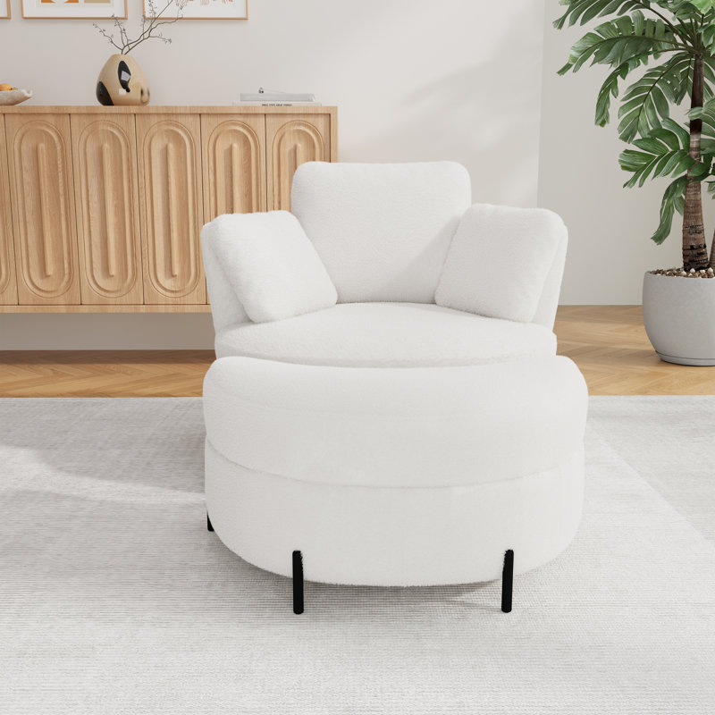 Fauteuil demi-tonneau pivotant en chenille de 40,4 po de largeur avec repose-pieds et coussins, Ivoire ivoire, Yes