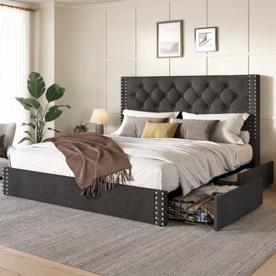 Kevyon Upholstered Platform Bed with Storage, Queen Bed with Headboard, Gray