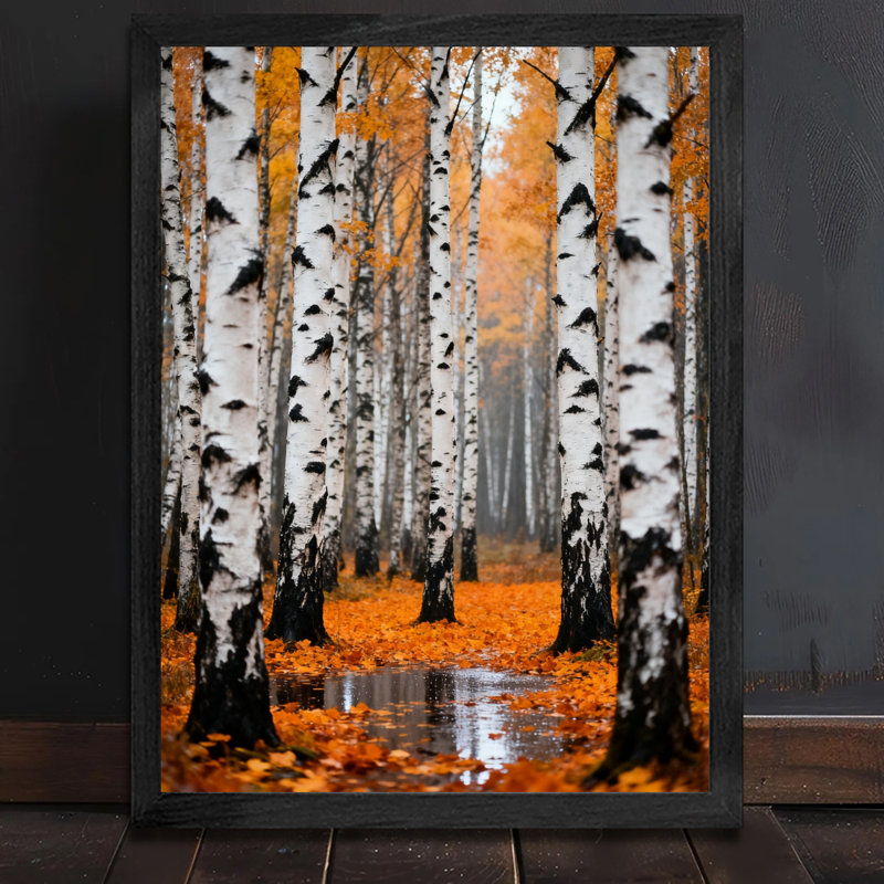 Art mural rétro noir encadré forêt de bouleaux d'automne, impressions de style rétro, H 37 po x l 25 po
