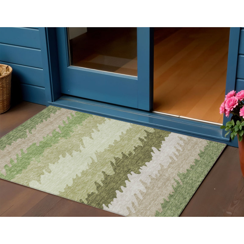 3' X 5' Beige And Olive Green Striped Washable Indoor Outdoor Area Rug
