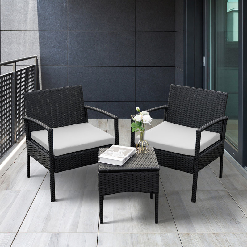 Adaleine 2-Person Patio Bistro Rattan Chair & Table Set with Cushions, Gray