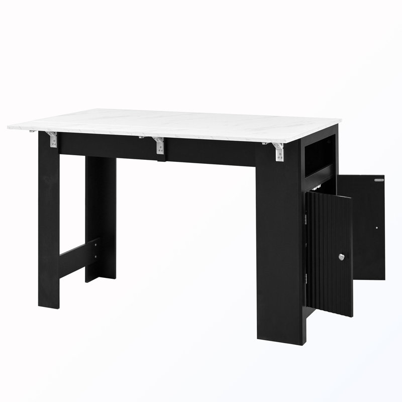 Îlot de cuisine avec plateau de table pliable et tablettes et crochets réglables, Black