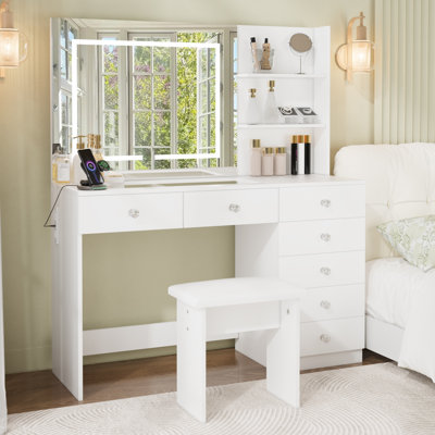 Makeup Vanity with Glass Top, Vanity Set with Illuminated Square Mirror