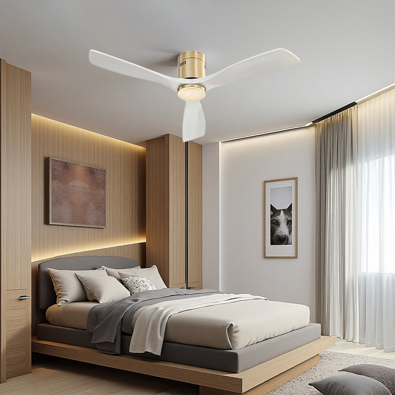 AuraVista 52 in. Flush Mount Ceiling Fan with Reversible DC Motor and Remote Control, Gold / White Wood