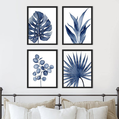 Tropical Palm " IDEA4WALL Framed Watercolor Blue Tropical Leaves Wall Art, Set Of 4 Nature Wilderness Wall Decor Prints, Botanical Floral Wall Decor For Living Room, Bedroom " 4 - Pieces