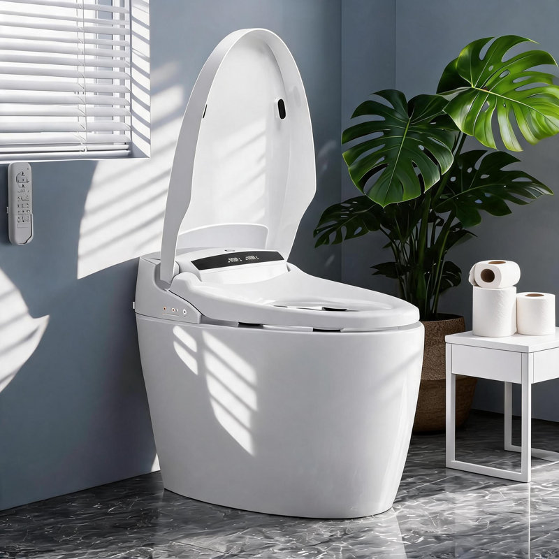 Toilette moderne et intelligente, une pièce allongée avec bidet intégré, siège chauffant à température réglable, chasse du capteur de pied, séchoir à air chaud, télécommande pour ouvrir / fermer le couvercle