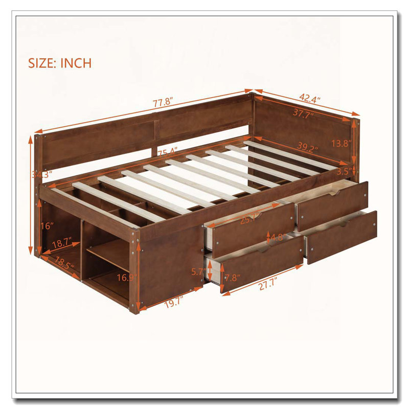 Lit de jour simple avec tiroirs et tablettes, Noyer