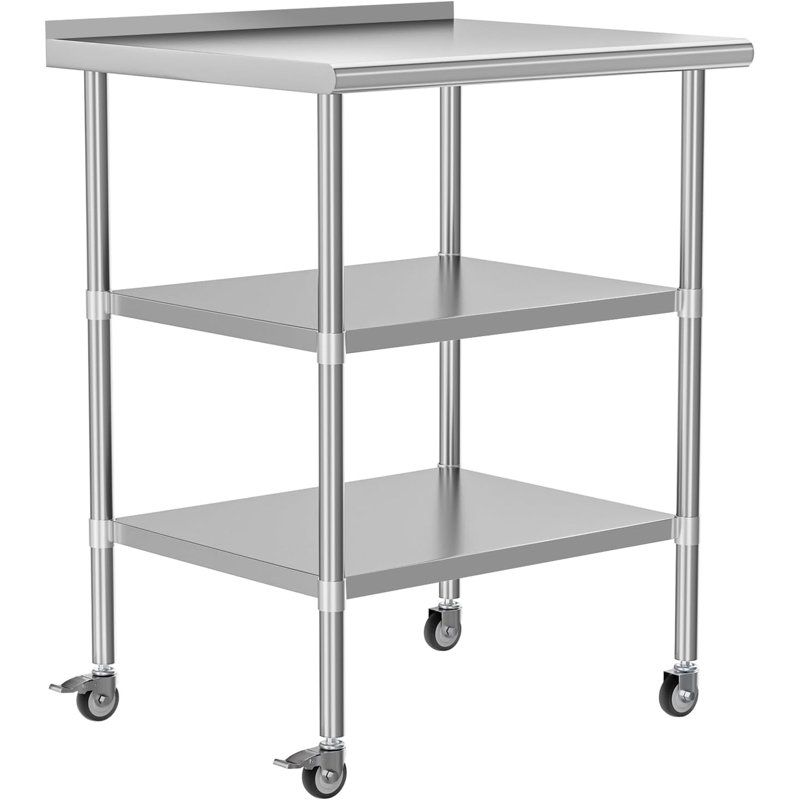 Table de travail en acier inoxydable 24 po x 30 po en métal avec 2 tablettes réglables et roulettes pour dosseret pour la cuisine commerciale, l'extérieur, le restaurant, l'hôtel et le garage