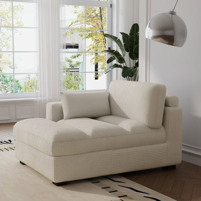 Bentura Oversized Upholstered Beige Corduroy Chaise Lounge with Armrests & Throw Pillows