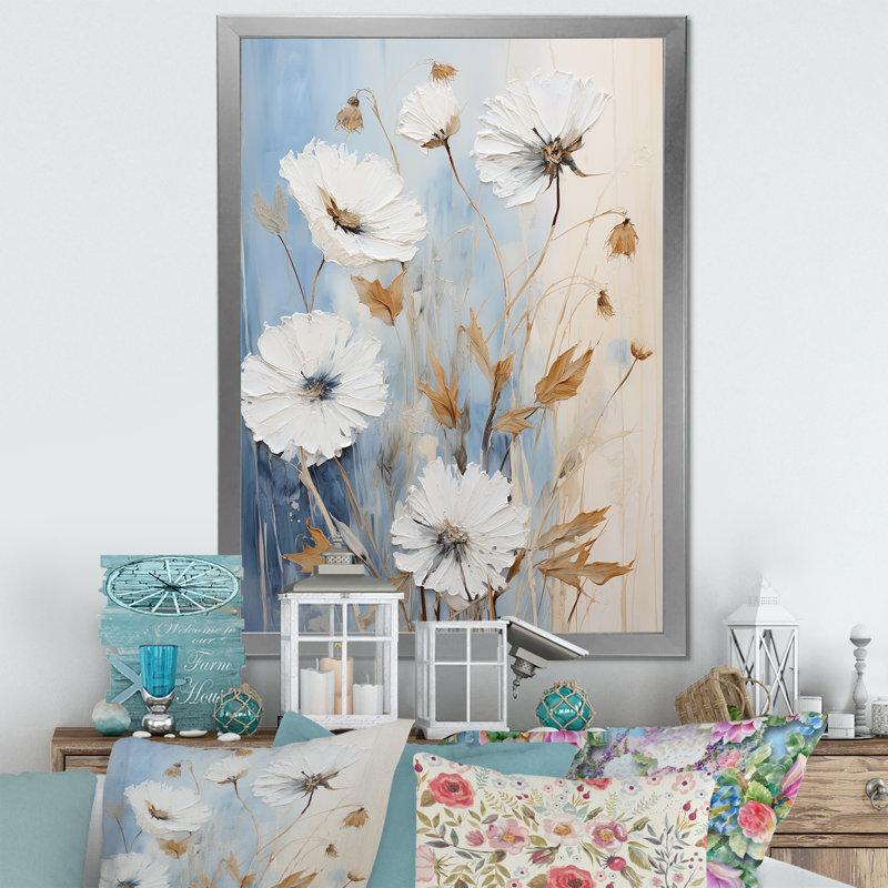 «Minimal Beige and Blue Cornflowers Expression IV», reproduction d'art sur toile, Cadre simple argenté
