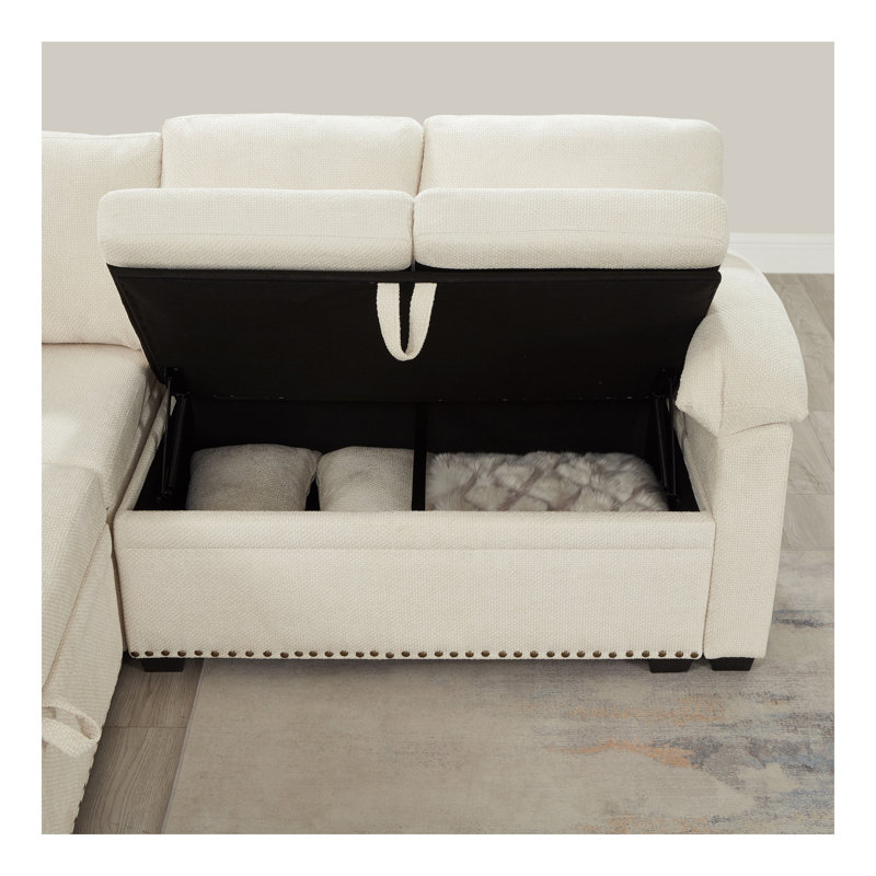 Canapé d'angle modulaire en L 97 po avec siège et repose-pieds de rangement en L 97 po, canapé d'angle en chenille avec 7 sièges et 2 coussins pour le salon, beige