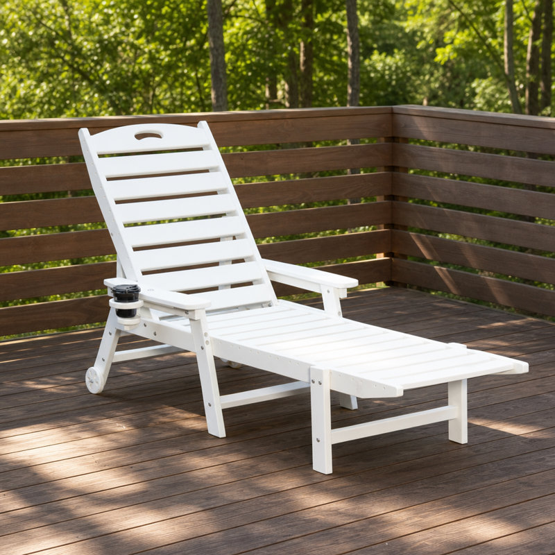Chaise longue d'extérieur robuste avec dossier réglable à 4 positions, chaise longue inclinable résistante aux intempéries avec porte-gobelet intégré et roulettes à mobilité douce