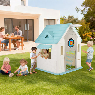 5-in-1 Kids Playhouse with Basketball Hoop, Soccer Goal, Dartboard & Ring Toss, Indoor Outdoor Cottage Playhouse for Toddlers and Kids