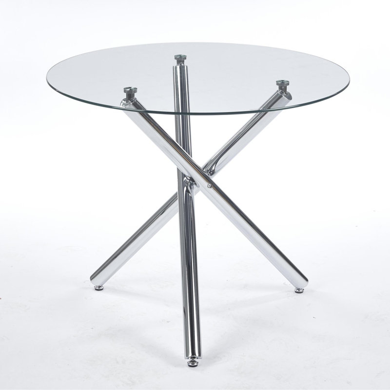 Round Dining Table with metal leg and tempered glass,Modern Space Saving Kitchen Table for Living Room, Chrome