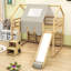 Lit mezzanine en bois avec glissoire, tablettes de rangement et cadre en forme de maison avec tente-194054169-194054174