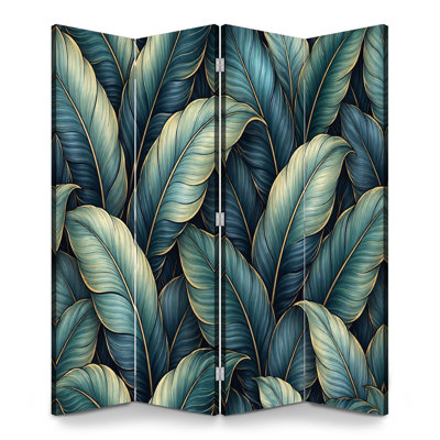 4 Panels Folding Screen Room Divider Royal Elegant Rainforest Tropical Jungle Banana Leaf Blue Gold Canvas Screen Room Separator Freestanding Protective Wall Divider Privacy Partition