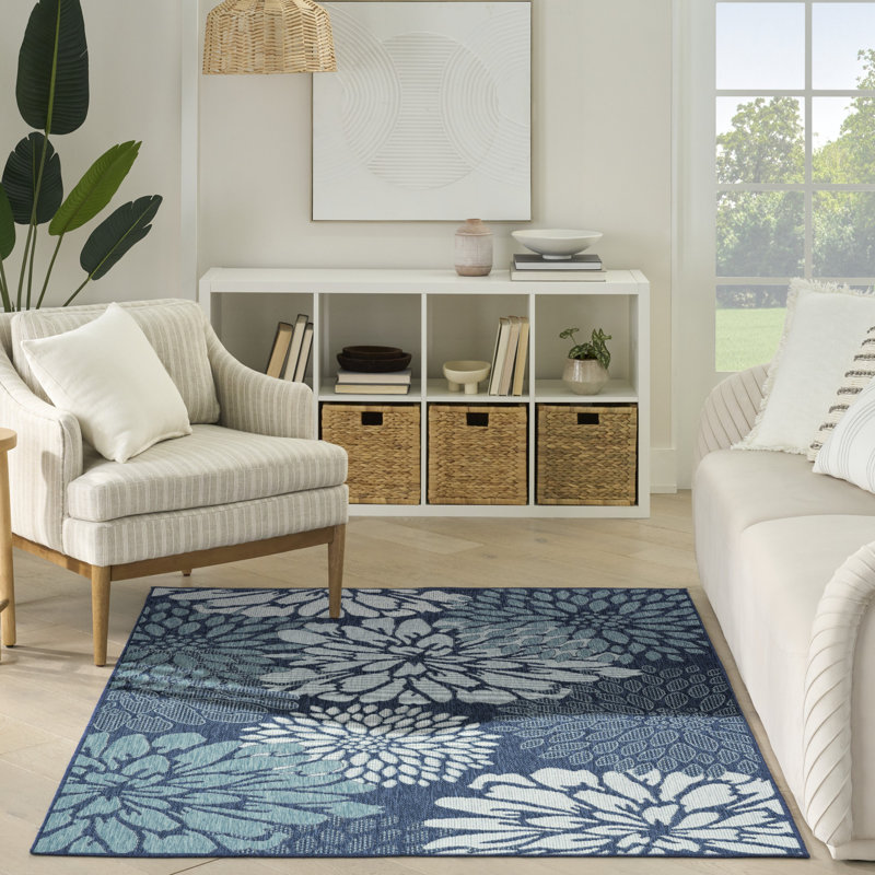 Winston Porter Ylianna Navy Tropical Indoor/Outdoor Rug, Rectangle 4' x 6'
