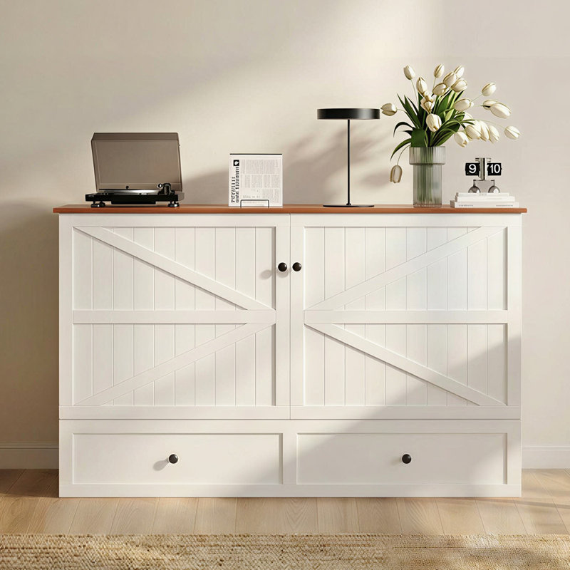 Murphy Bed Full with Mattress, Drawers and USB Charging Ports,White, Full