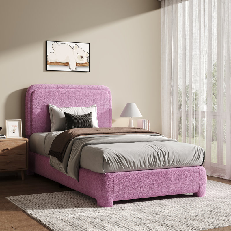 Lit plateforme tapissier Bensu Boucle, Lit simple, Rose