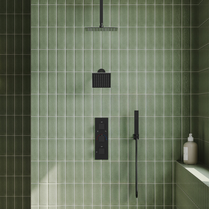 Ceiling Mount 12" Dual Rainfall Thermostatic Shower System with 6" Wall Shower and Handheld Spray, Matte Black