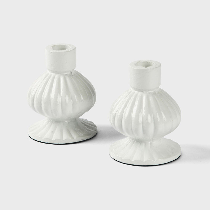 Mela Artisans Sculpted Aluminum White Candlesticks Set of 2, White