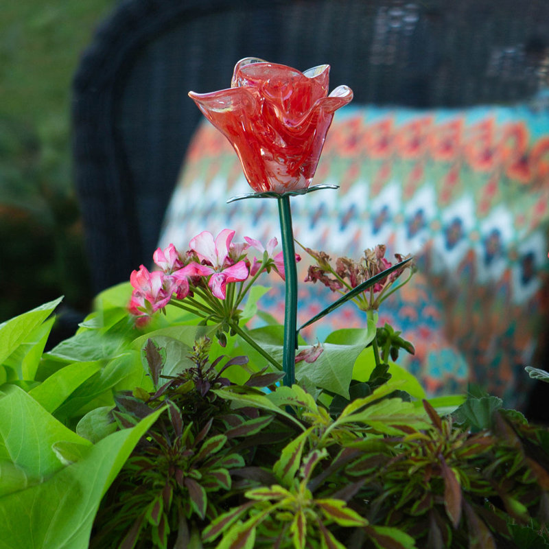 Glass Plants & Flowers Garden Stake, Red