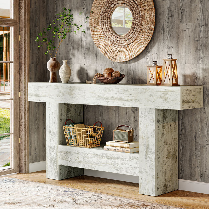 63 Inch Long Console Table, Farmhouse Entryway Table With Storage, Rustic Wood Sofa Table Behind Couch Table