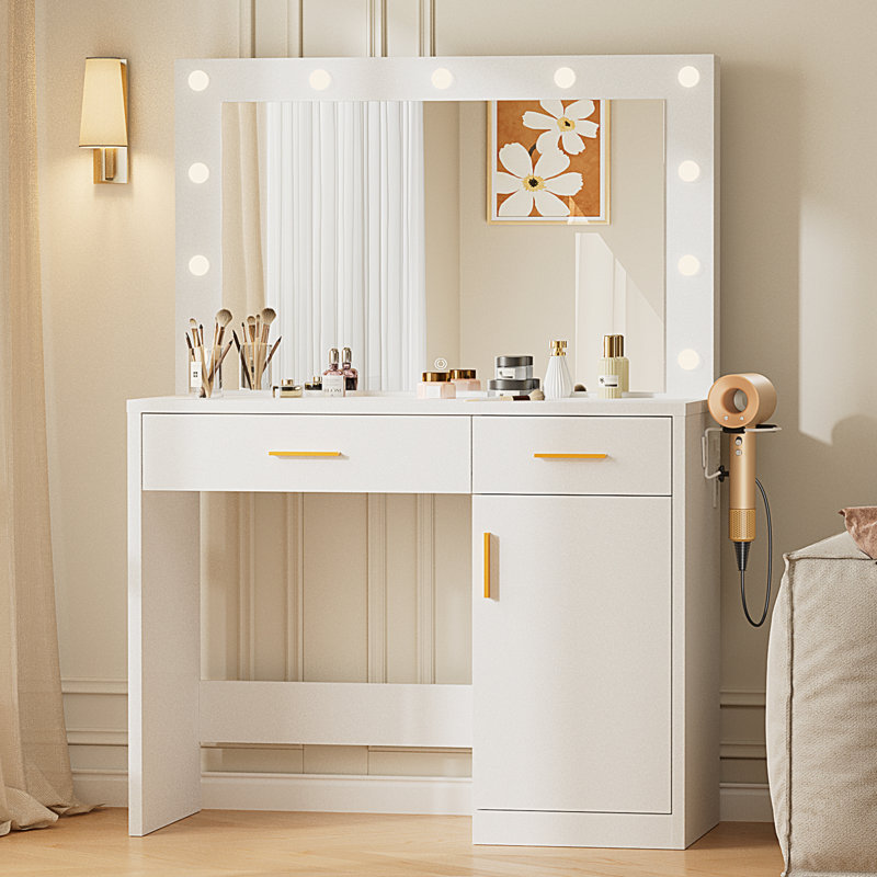 Makeup Vanity with LED Lighted Mirror & Power Outlet,Makeup Vanity Table with 2 Drawers,1 Cabinets